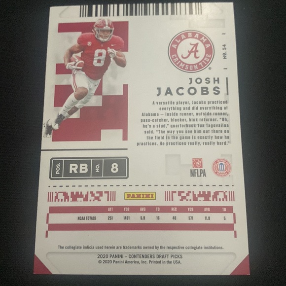Josh Jacobs - 2020 panini contenders draft picks - Picture 2 of 2